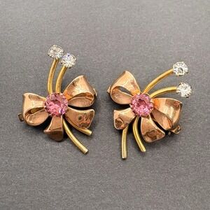 Vintage Van Dell Pink Bow Floral Rhinestone Brooch 1/20 12K GF Gold Tone Set 2